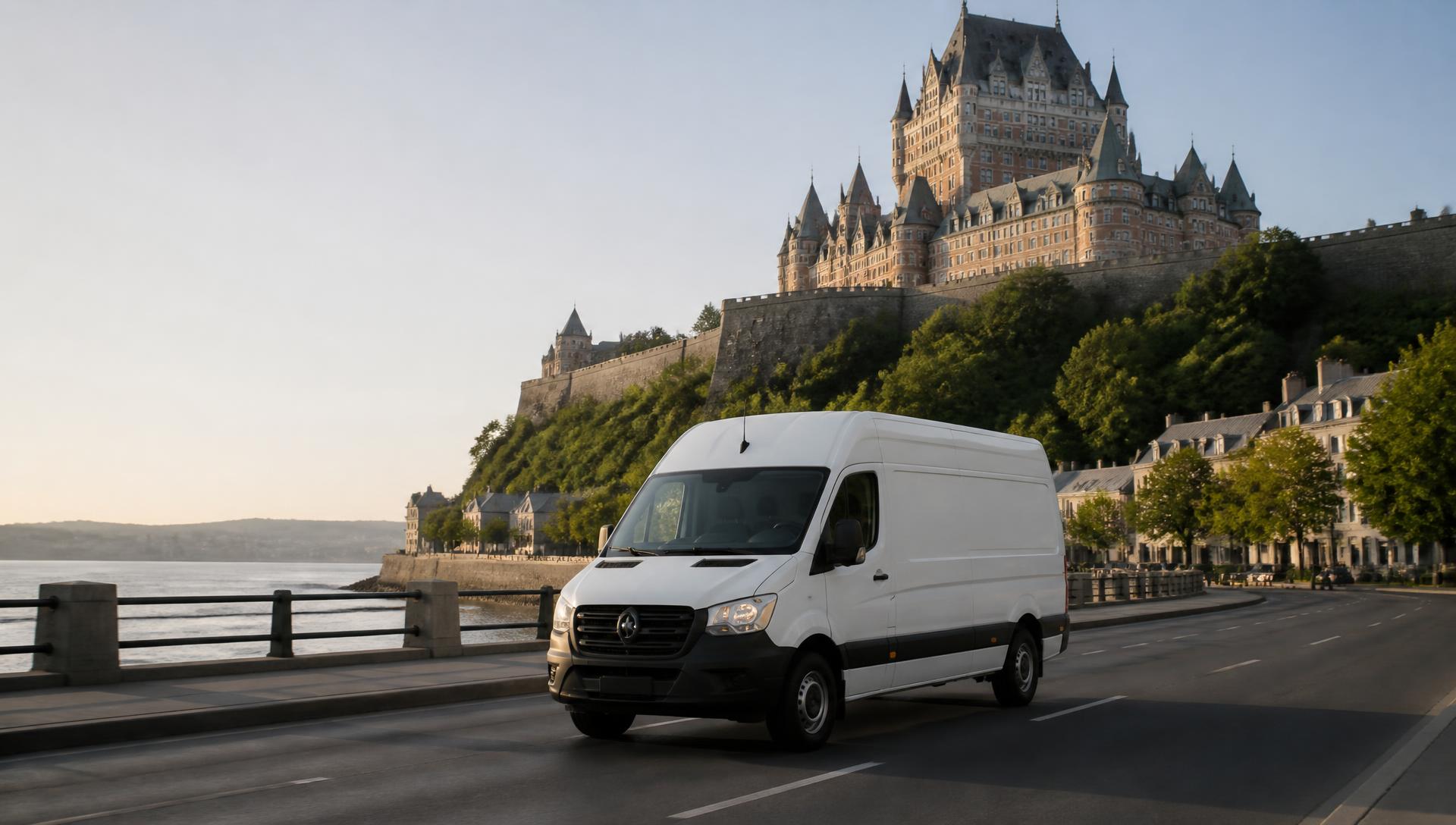Camion de livraison blanc circulant devant le Château Frontenac et le fleuve Saint-Laurent, dans la ville de Québec